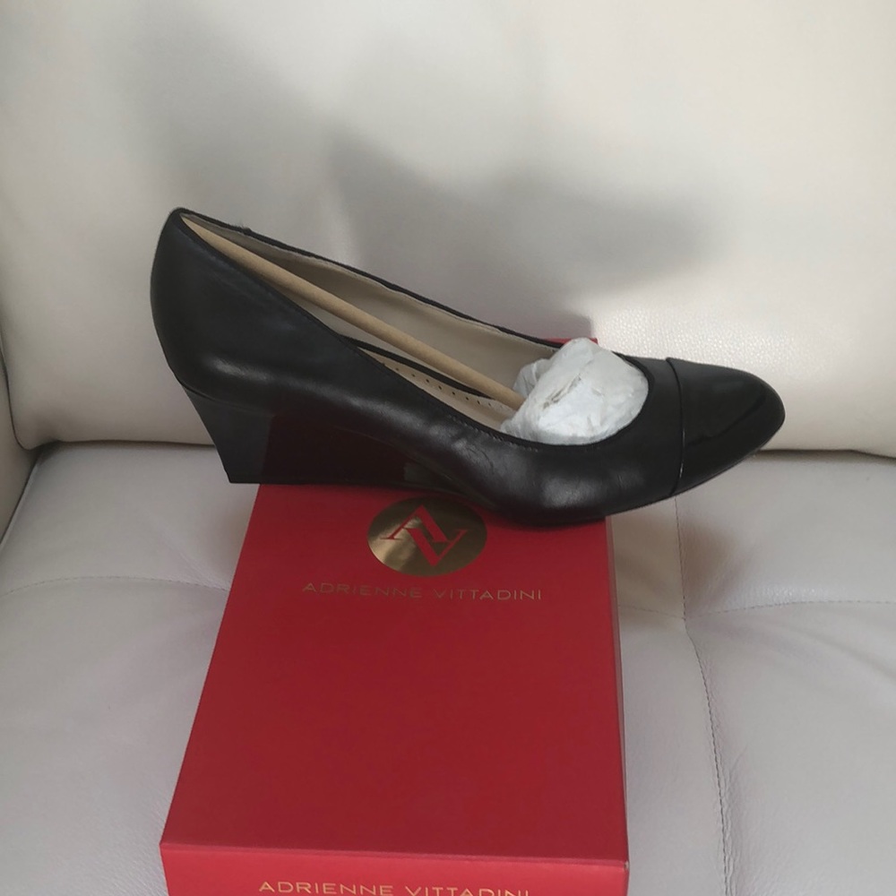 Black Nappa-Patent wedge heel shoes.